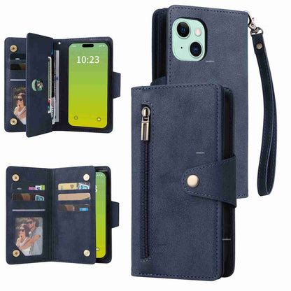 Rivet Buckle 9 Cards Three Fold Leather Phone Case, For iPhone 15