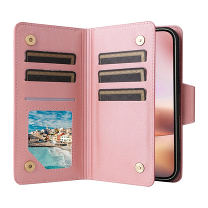 Rivet Buckle 9 Cards Three Fold Leather Phone Case, For iPhone 16, For iPhone 15 Pro Max, For iPhone 15 Pro, For iPhone 15 Plus