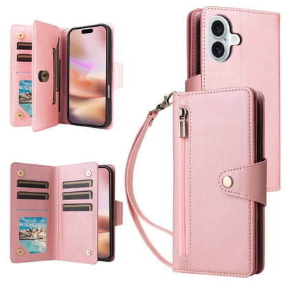Rivet Buckle 9 Cards Three Fold Leather Phone Case, For iPhone 16, For iPhone 15 Pro Max, For iPhone 15 Pro, For iPhone 15 Plus