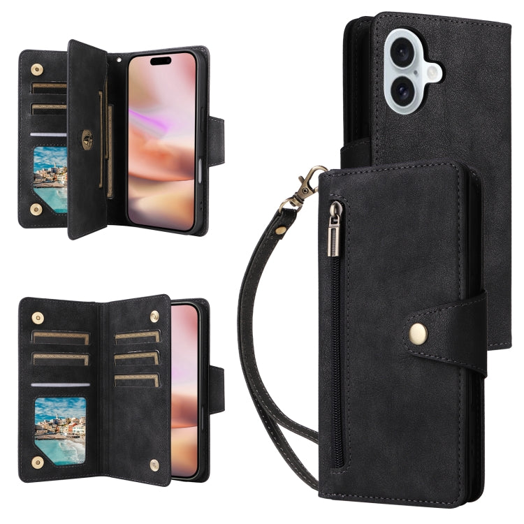 Rivet Buckle 9 Cards Three Fold Leather Phone Case, For iPhone 16, For iPhone 15 Pro Max, For iPhone 15 Pro, For iPhone 15 Plus