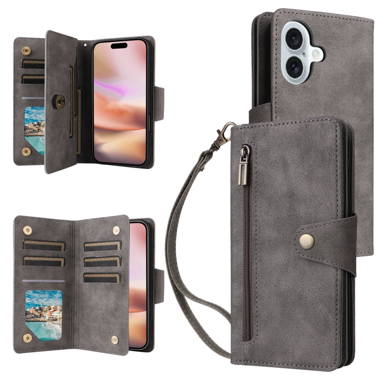 Rivet Buckle 9 Cards Three Fold Leather Phone Case, For iPhone 16, For iPhone 15 Pro Max, For iPhone 15 Pro, For iPhone 15 Plus