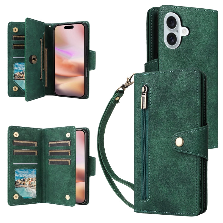 Rivet Buckle 9 Cards Three Fold Leather Phone Case, For iPhone 16e, For iPhone 16 Pro Max, For iPhone 16 Pro, For iPhone 16 Plus