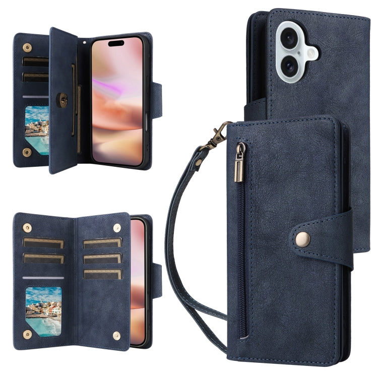 Rivet Buckle 9 Cards Three Fold Leather Phone Case, For iPhone 16e, For iPhone 16 Pro Max, For iPhone 16 Pro, For iPhone 16 Plus