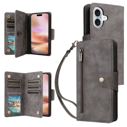 Rivet Buckle 9 Cards Three Fold Leather Phone Case, For iPhone 16e, For iPhone 16 Pro Max, For iPhone 16 Pro, For iPhone 16 Plus