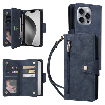 Rivet Buckle 9 Cards Three Fold Leather Phone Case, For iPhone Air, For iPhone 16 Pro Max, For iPhone 16 Pro, For iPhone 16 Plus