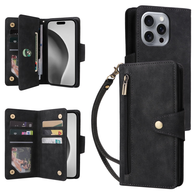 Rivet Buckle 9 Cards Three Fold Leather Phone Case, For iPhone Air, For iPhone 16 Pro Max, For iPhone 16 Pro, For iPhone 16 Plus