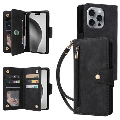 Rivet Buckle 9 Cards Three Fold Leather Phone Case, For iPhone Air, For iPhone 16 Pro Max, For iPhone 16 Pro, For iPhone 16 Plus