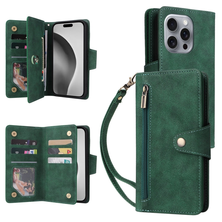 Rivet Buckle 9 Cards Three Fold Leather Phone Case, For iPhone Air, For iPhone 16 Pro Max, For iPhone 16 Pro, For iPhone 16 Plus