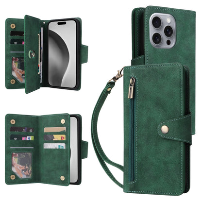 Rivet Buckle 9 Cards Three Fold Leather Phone Case, For iPhone Air, For iPhone 16 Pro Max, For iPhone 16 Pro, For iPhone 16 Plus