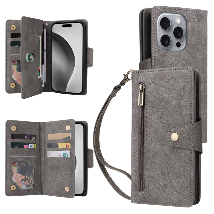 Rivet Buckle 9 Cards Three Fold Leather Phone Case, For iPhone 16e, For iPhone 16 Pro Max, For iPhone 16 Pro, For iPhone 16 Plus