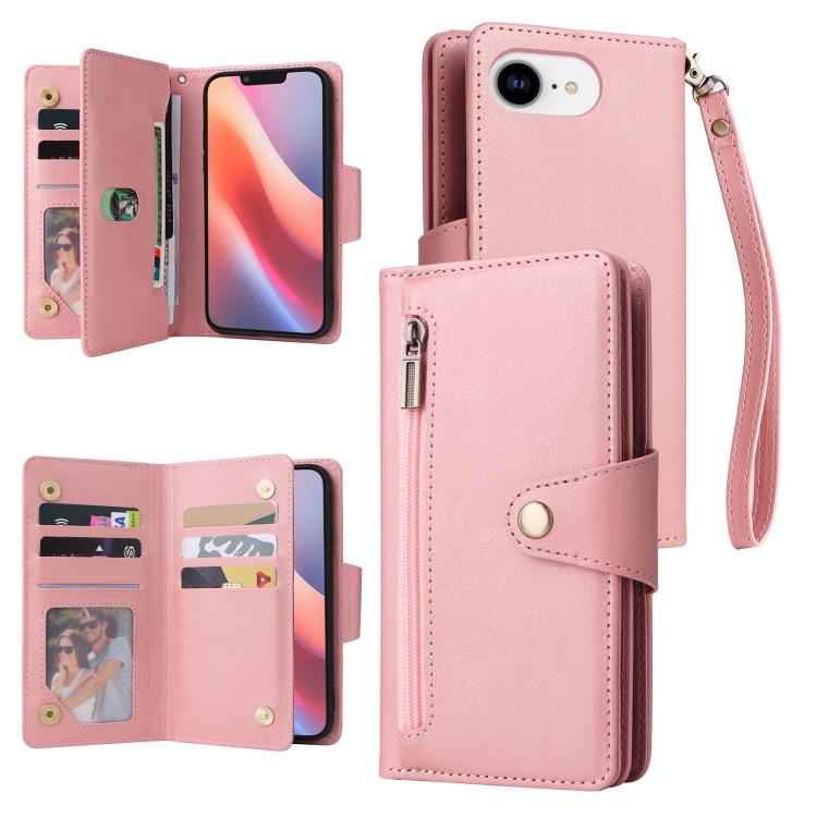Rivet Buckle 9 Cards Three Fold Leather Phone Case, For iPhone 16e, For iPhone 16 Pro Max, For iPhone 16 Pro, For iPhone 16 Plus