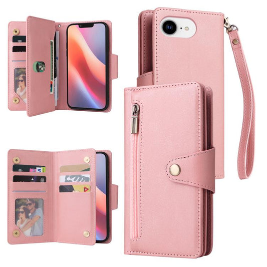 Rivet Buckle 9 Cards Three Fold Leather Phone Case, For iPhone 16e, For iPhone 16 Pro Max, For iPhone 16 Pro, For iPhone 16 Plus