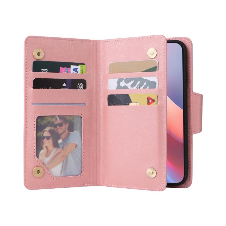 Rivet Buckle 9 Cards Three Fold Leather Phone Case, For iPhone 16e, For iPhone 16 Pro Max, For iPhone 16 Pro, For iPhone 16 Plus