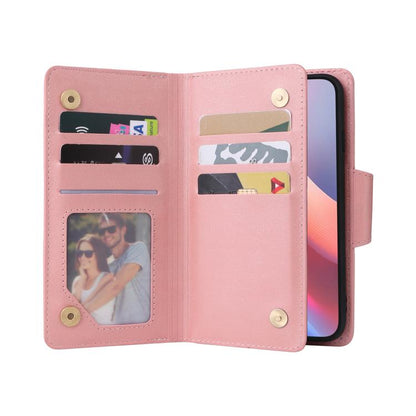 Rivet Buckle 9 Cards Three Fold Leather Phone Case, For iPhone 16e, For iPhone 16 Pro Max, For iPhone 16 Pro, For iPhone 16 Plus