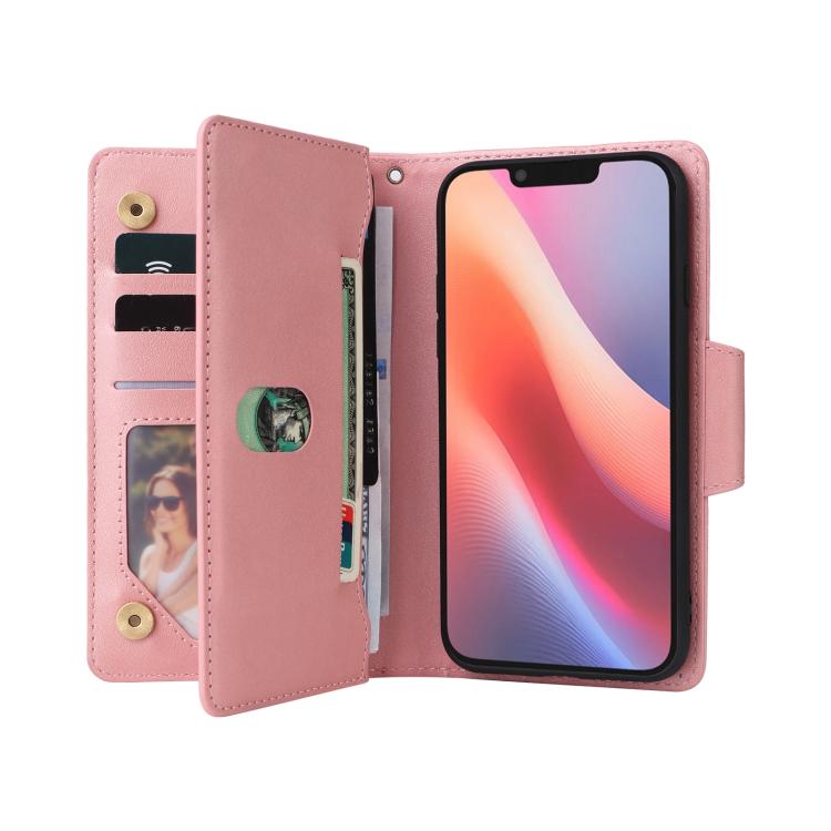 Rivet Buckle 9 Cards Three Fold Leather Phone Case, For iPhone 16e, For iPhone 16 Pro Max, For iPhone 16 Pro, For iPhone 16 Plus