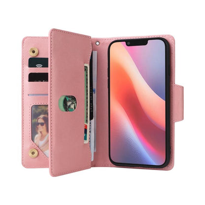 Rivet Buckle 9 Cards Three Fold Leather Phone Case, For iPhone 16e, For iPhone 16 Pro Max, For iPhone 16 Pro, For iPhone 16 Plus