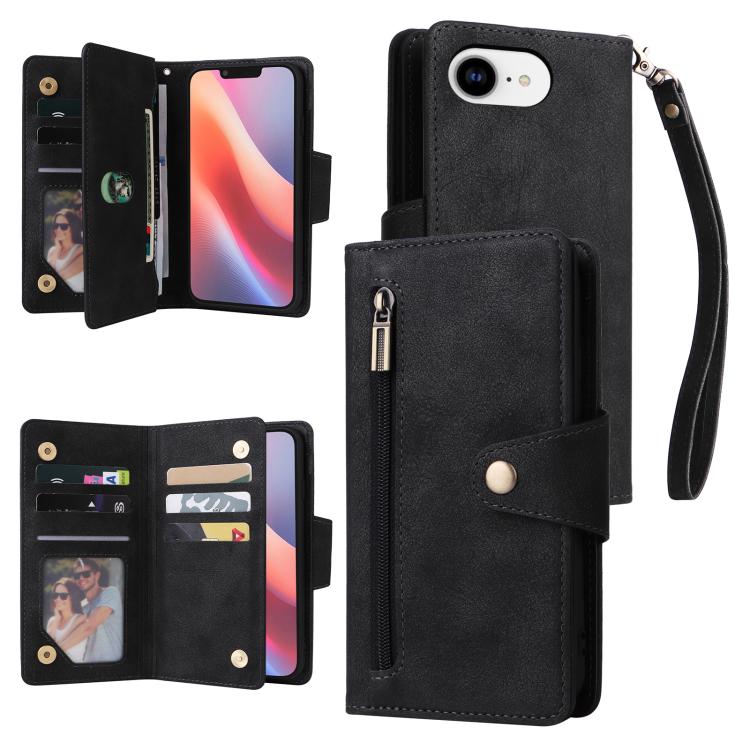 Rivet Buckle 9 Cards Three Fold Leather Phone Case, For iPhone 16e, For iPhone 16 Pro Max, For iPhone 16 Pro, For iPhone 16 Plus