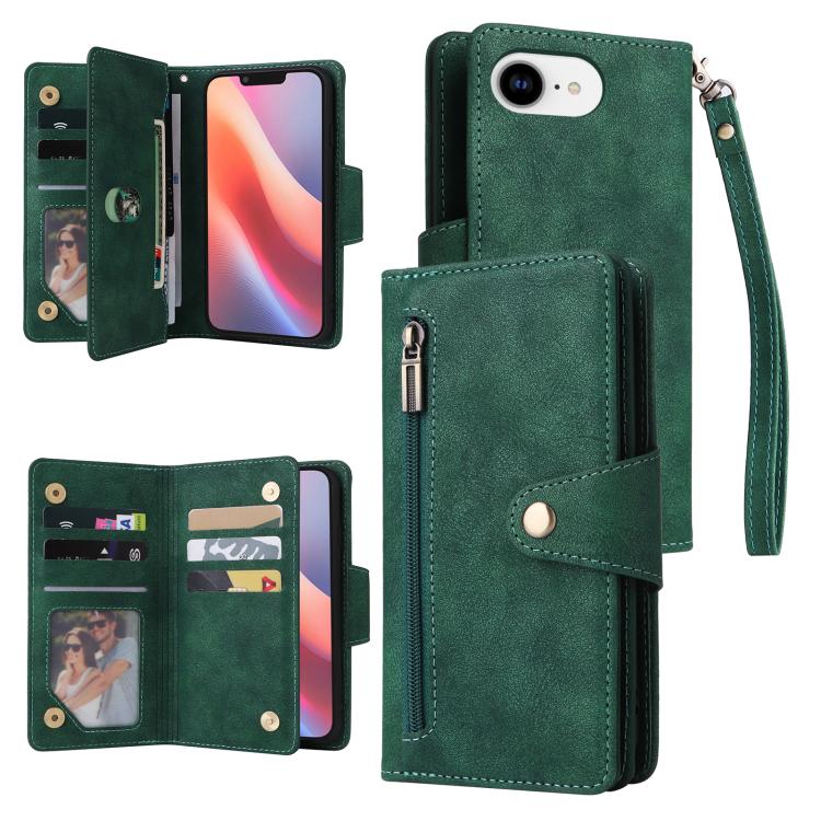 Rivet Buckle 9 Cards Three Fold Leather Phone Case, For iPhone 16e, For iPhone 16 Pro Max, For iPhone 16 Pro, For iPhone 16 Plus