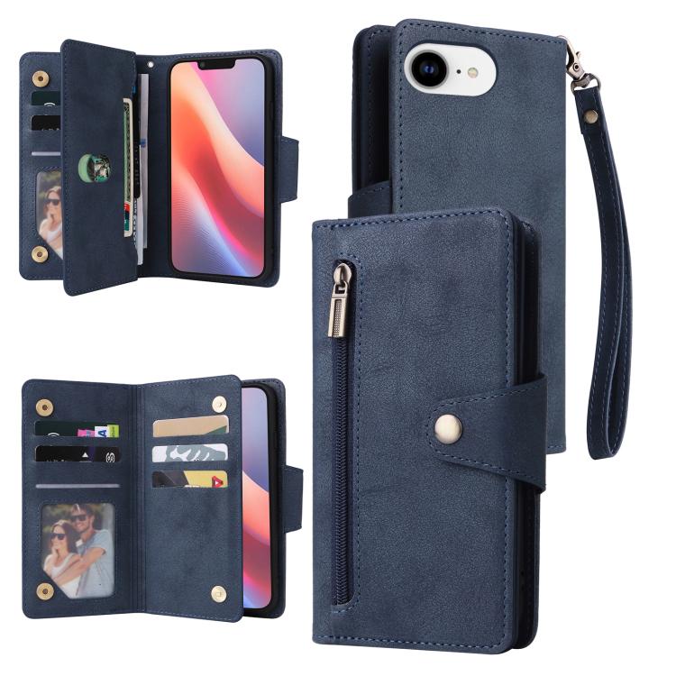 Rivet Buckle 9 Cards Three Fold Leather Phone Case, For iPhone 18 / 17, For iPhone 18 Pro / 17 Pro, For iPhone 18 Pro Max / 17 Pro Max, For iPhone 17e / 16e