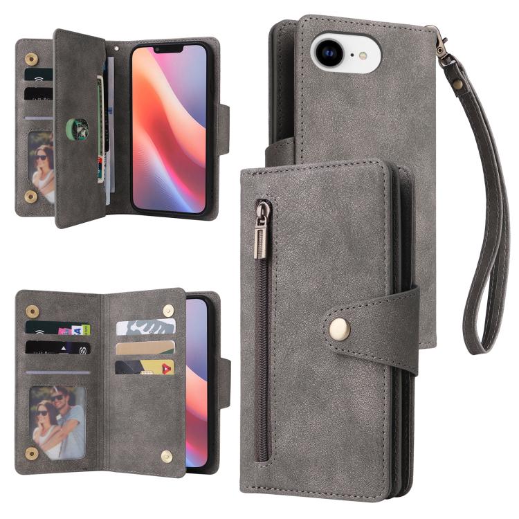 Rivet Buckle 9 Cards Three Fold Leather Phone Case, For iPhone 16e, For iPhone 16 Pro Max, For iPhone 16 Pro, For iPhone 16 Plus