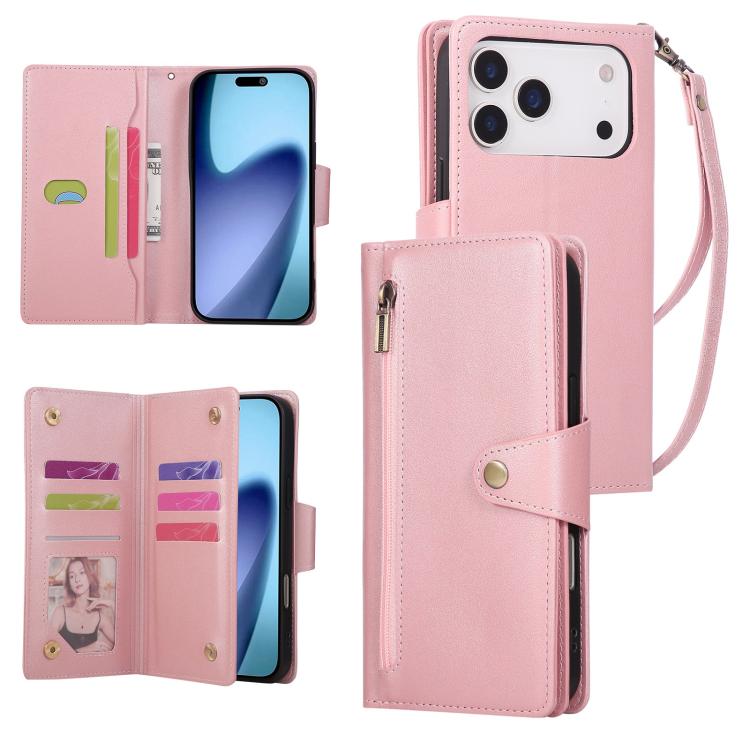 Rivet Buckle 9 Cards Three Fold Leather Phone Case, For iPhone 18 / 17, For iPhone 18 Pro / 17 Pro, For iPhone 18 Pro Max / 17 Pro Max, For iPhone 17e / 16e