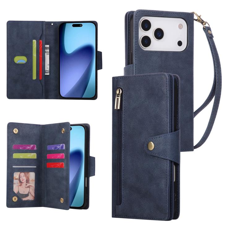 Rivet Buckle 9 Cards Three Fold Leather Phone Case, For iPhone 18 / 17, For iPhone 18 Pro / 17 Pro, For iPhone 18 Pro Max / 17 Pro Max, For iPhone 17e / 16e