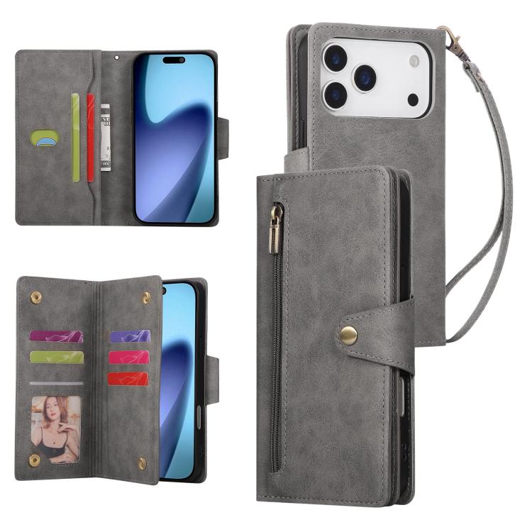 Rivet Buckle 9 Cards Three Fold Leather Phone Case, For iPhone 18 / 17, For iPhone 18 Pro / 17 Pro, For iPhone 18 Pro Max / 17 Pro Max, For iPhone 17e / 16e
