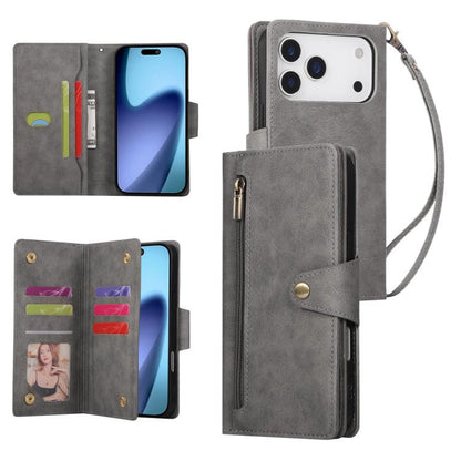 Rivet Buckle 9 Cards Three Fold Leather Phone Case, For iPhone 18 / 17, For iPhone 18 Pro / 17 Pro, For iPhone 18 Pro Max / 17 Pro Max, For iPhone 17e / 16e
