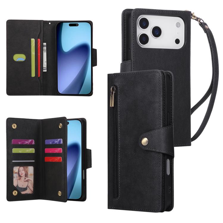Rivet Buckle 9 Cards Three Fold Leather Phone Case, For iPhone 18 / 17, For iPhone 18 Pro / 17 Pro, For iPhone 18 Pro Max / 17 Pro Max, For iPhone 17e / 16e