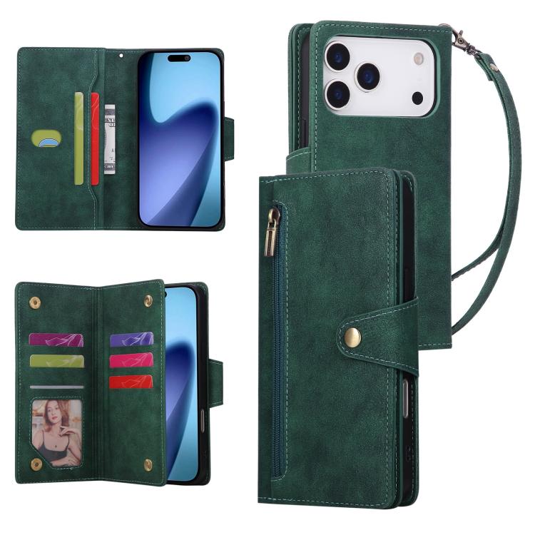 Rivet Buckle 9 Cards Three Fold Leather Phone Case, For iPhone 18 / 17, For iPhone 18 Pro / 17 Pro, For iPhone 18 Pro Max / 17 Pro Max, For iPhone 17e / 16e