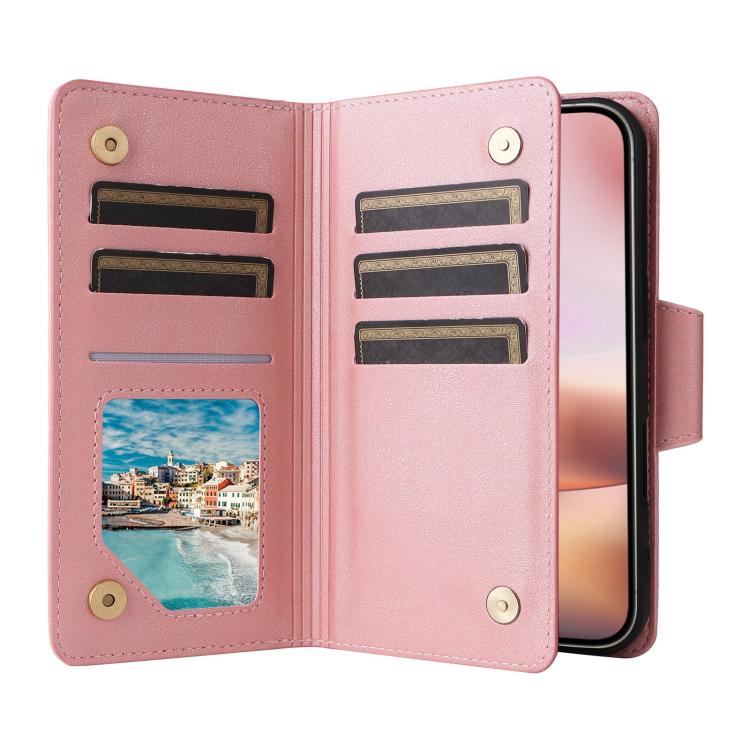 Rivet Buckle 9 Cards Three Fold Leather Phone Case, For iPhone 18 / 17, For iPhone 18 Pro / 17 Pro, For iPhone 18 Pro Max / 17 Pro Max, For iPhone 17e / 16e