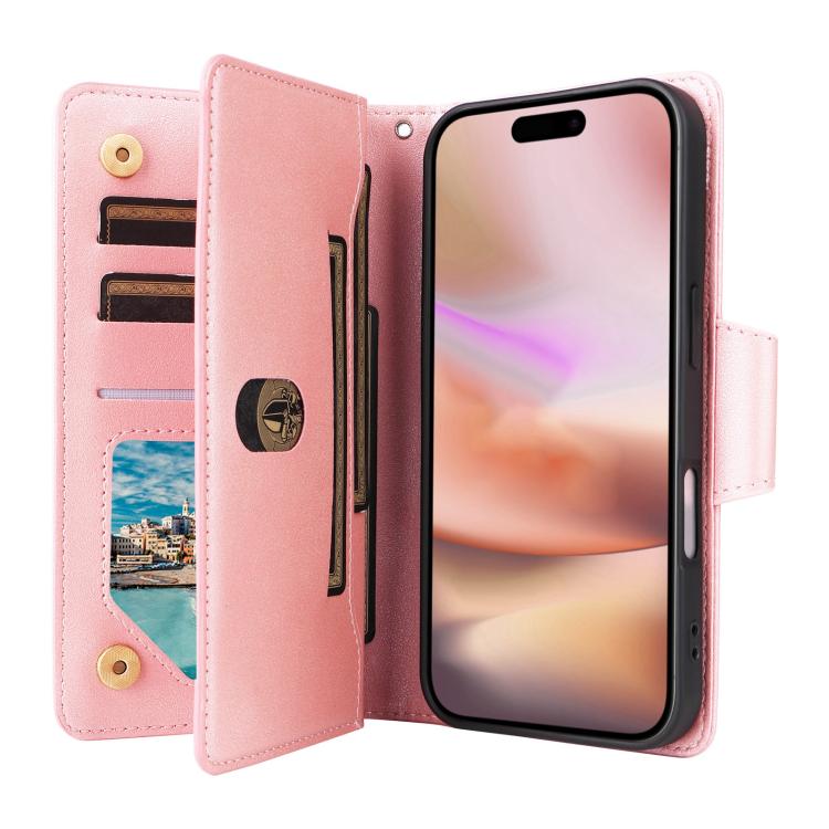 Rivet Buckle 9 Cards Three Fold Leather Phone Case, For iPhone 18 / 17, For iPhone 18 Pro / 17 Pro, For iPhone 18 Pro Max / 17 Pro Max, For iPhone 17e / 16e