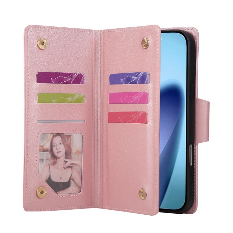 Rivet Buckle 9 Cards Three Fold Leather Phone Case, For iPhone Air, For iPhone 16 Pro Max, For iPhone 16 Pro, For iPhone 16 Plus