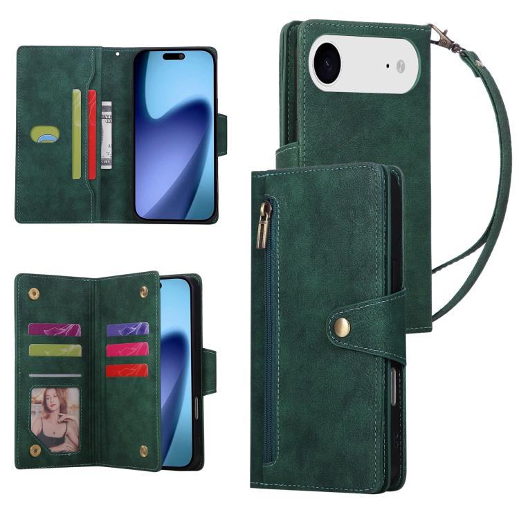 Rivet Buckle 9 Cards Three Fold Leather Phone Case, For iPhone Air, For iPhone 16 Pro Max, For iPhone 16 Pro, For iPhone 16 Plus