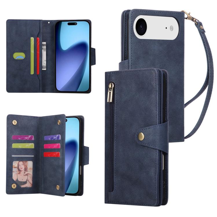 Rivet Buckle 9 Cards Three Fold Leather Phone Case, For iPhone Air, For iPhone 16 Pro Max, For iPhone 16 Pro, For iPhone 16 Plus