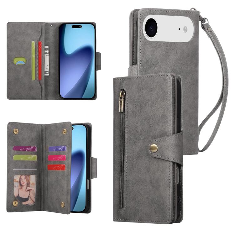 Rivet Buckle 9 Cards Three Fold Leather Phone Case, For iPhone Air, For iPhone 16 Pro Max, For iPhone 16 Pro, For iPhone 16 Plus
