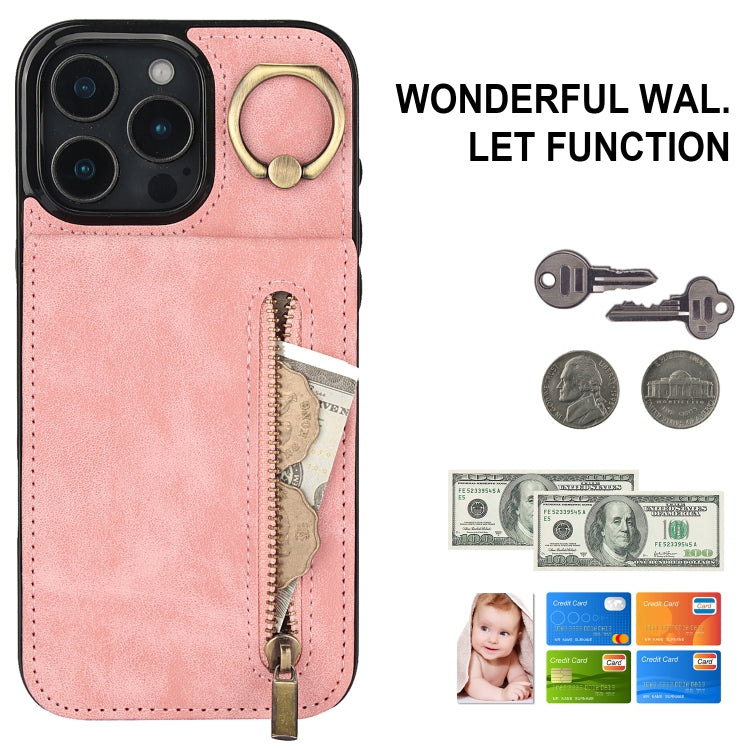 Retro Ring and Zipper RFID Card Slot Phone Case, For iPhone 16 Pro, For iPhone 16 Plus, For iPhone 16