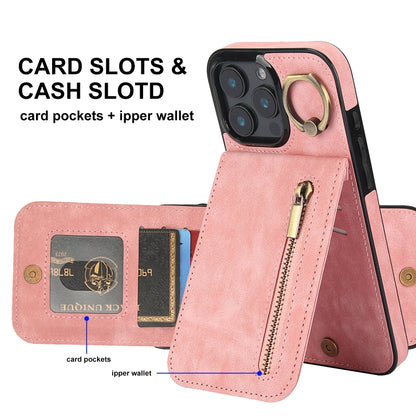 Retro Ring and Zipper RFID Card Slot Phone Case, For iPhone 16 Pro, For iPhone 16 Plus, For iPhone 16