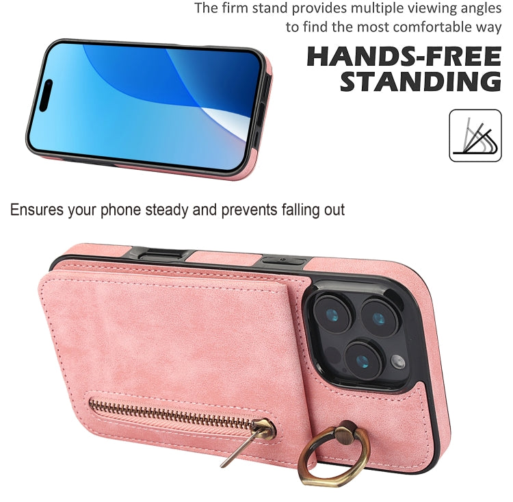 Retro Ring and Zipper RFID Card Slot Phone Case, For iPhone 16 Pro, For iPhone 16 Plus, For iPhone 16