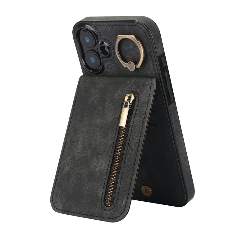 Retro Ring and Zipper RFID Card Slot Phone Case, For iPhone 16 Pro, For iPhone 16 Plus, For iPhone 16