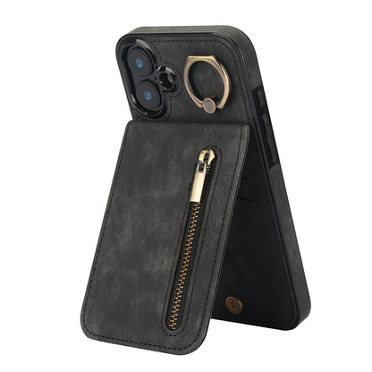 Retro Ring and Zipper RFID Card Slot Phone Case, For iPhone 16 Pro, For iPhone 16 Plus, For iPhone 16
