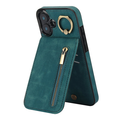 Retro Ring and Zipper RFID Card Slot Phone Case, For iPhone 16 Pro, For iPhone 16 Plus, For iPhone 16