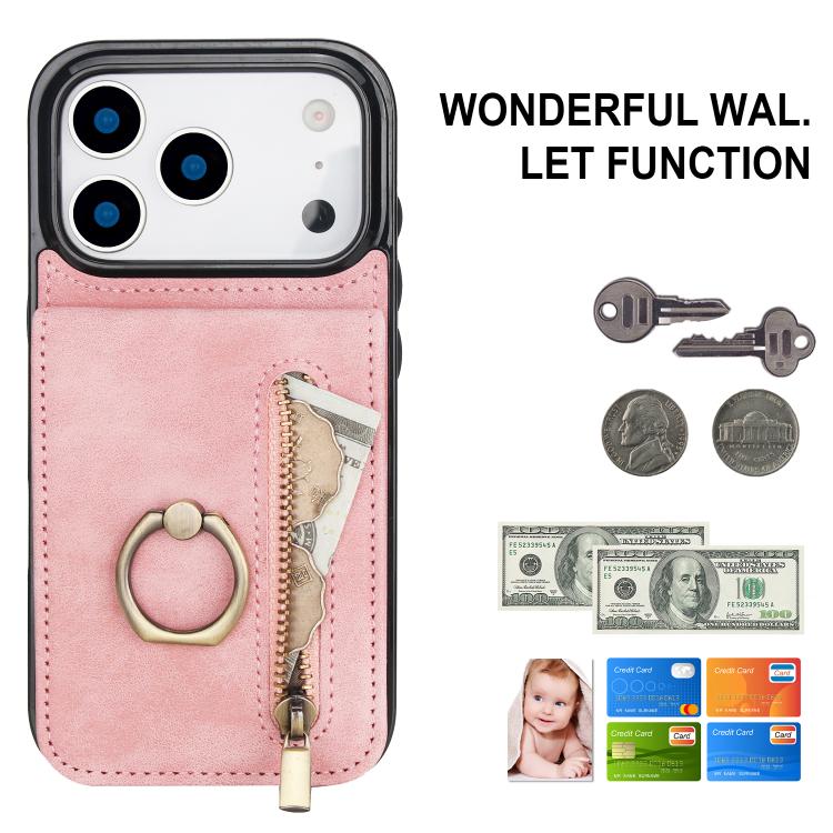Retro Ring and Zipper RFID Card Slot Phone Case, For iPhone 18 Pro / 17 Pro, For iPhone 18 Pro Max / 17 Pro Max, For iPhone 17e / 16e