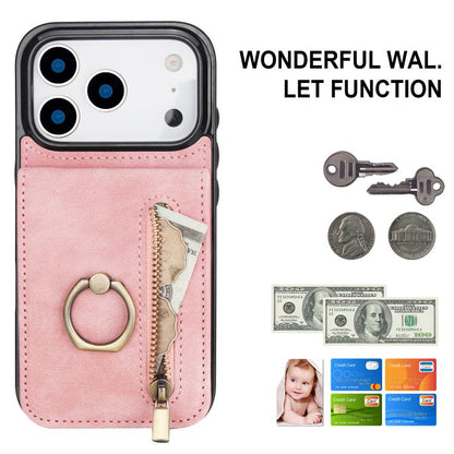 Retro Ring and Zipper RFID Card Slot Phone Case, For iPhone 18 Pro / 17 Pro, For iPhone 18 Pro Max / 17 Pro Max, For iPhone 17e / 16e