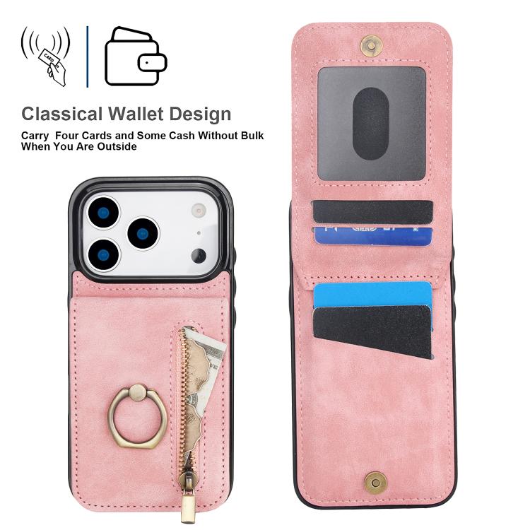 Retro Ring and Zipper RFID Card Slot Phone Case, For iPhone 18 Pro / 17 Pro, For iPhone 18 Pro Max / 17 Pro Max, For iPhone 17e / 16e