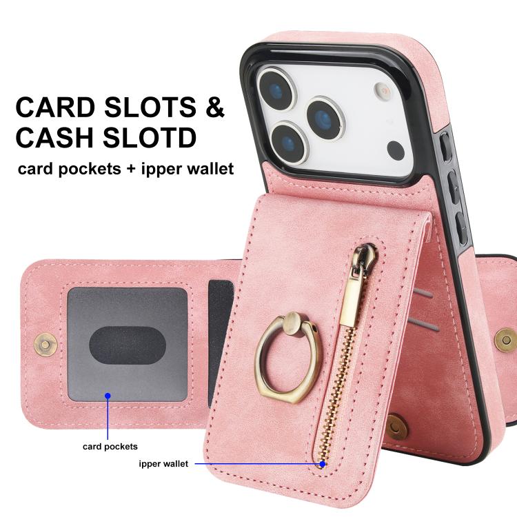 Retro Ring and Zipper RFID Card Slot Phone Case, For iPhone 18 Pro / 17 Pro, For iPhone 18 Pro Max / 17 Pro Max, For iPhone 17e / 16e