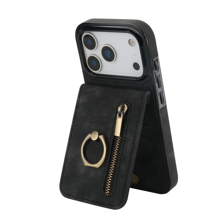 Retro Ring and Zipper RFID Card Slot Phone Case, For iPhone 18 Pro / 17 Pro, For iPhone 18 Pro Max / 17 Pro Max, For iPhone 17e / 16e
