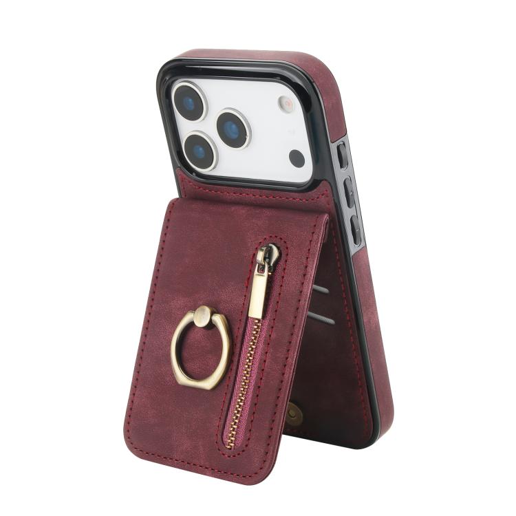Retro Ring and Zipper RFID Card Slot Phone Case, For iPhone 18 Pro / 17 Pro, For iPhone 18 Pro Max / 17 Pro Max, For iPhone 17e / 16e