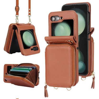 Long and Short Lanyard Zipper Card Slot Foldable Phone Case, For Samsung Galaxy Z Flip6 / Flip7 FE, For Samsung Galaxy Z Flip5