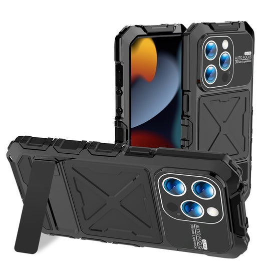 R-JUST Metal + Silicone + Tempered Glass Life Waterproof Phone Case with Holder, For iPhone 15 Pro Max, For iPhone 15 Pro, For iPhone 15 Plus, For iPhone 15